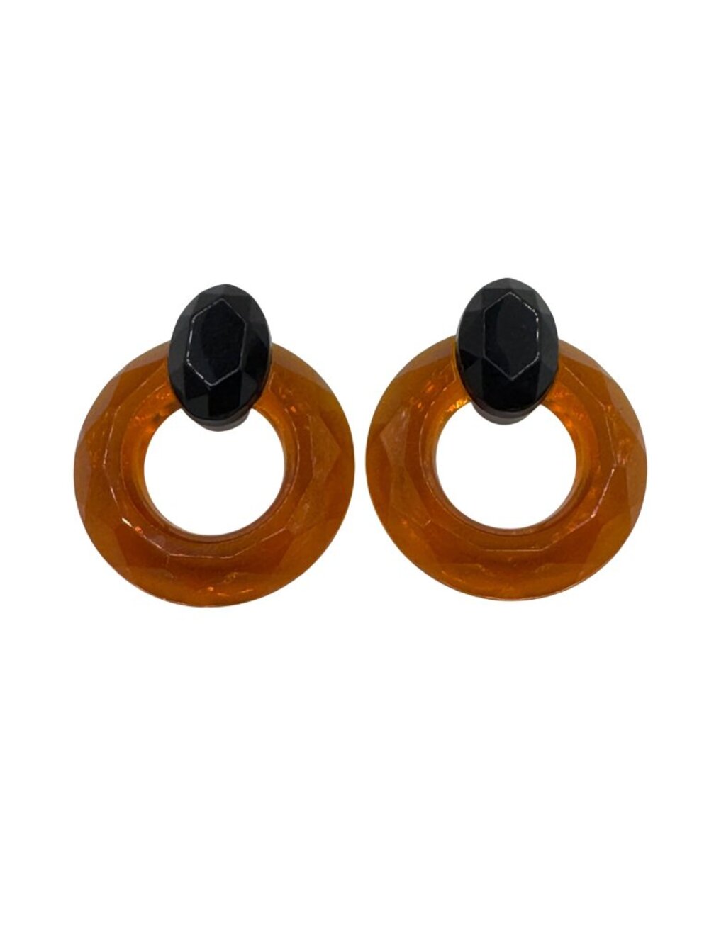 Vintage 1986 Avon pierced earrings Amber Lucite faceted brown black 80's MCM